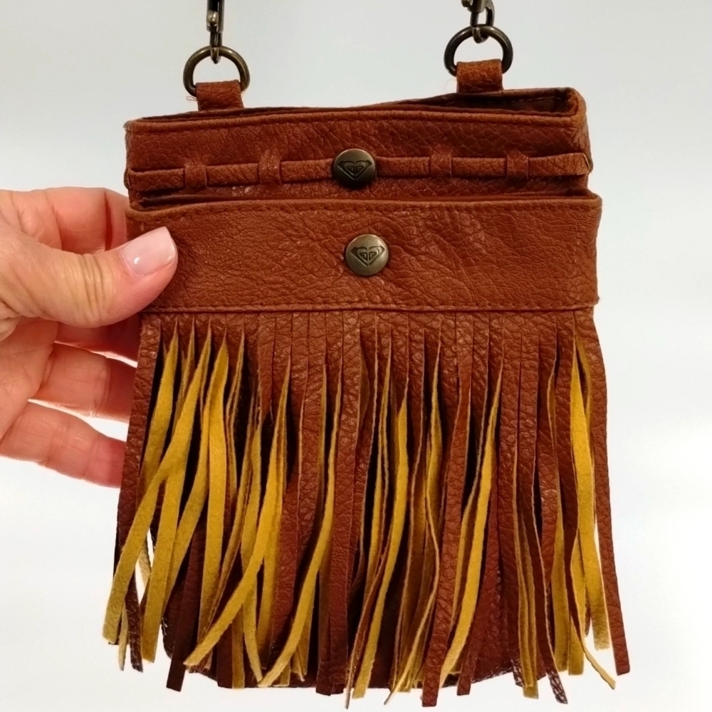 ROXY crossbody bag purse brown with multi pockets and fringe adjustable strap